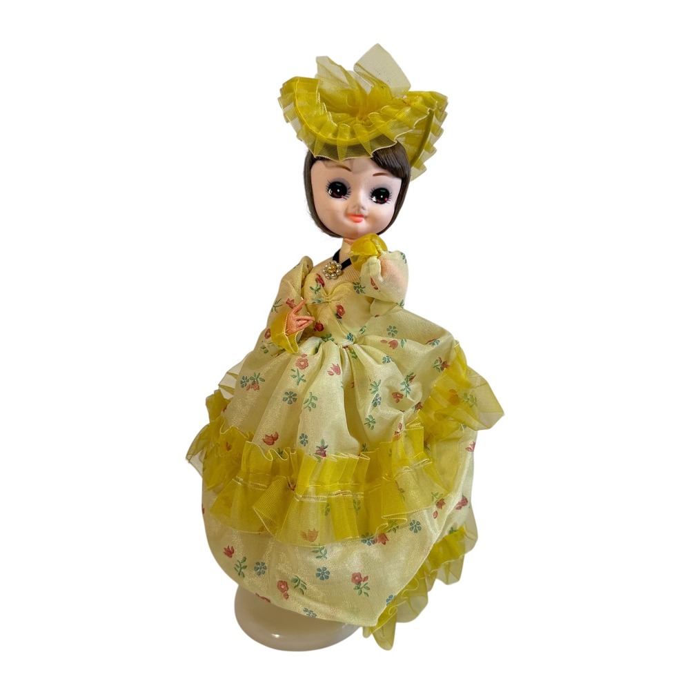 Vintage Yellow Floral Boudoir Doll Big Eye Bradley Style Made in Korea 1970s